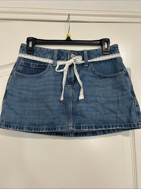 Hollister Blue Denim Mini Skirt with White Crochet Tie